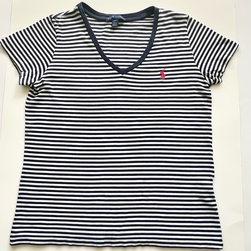 Ralph Lauren Women's Black and White Striped V-Neck Tee